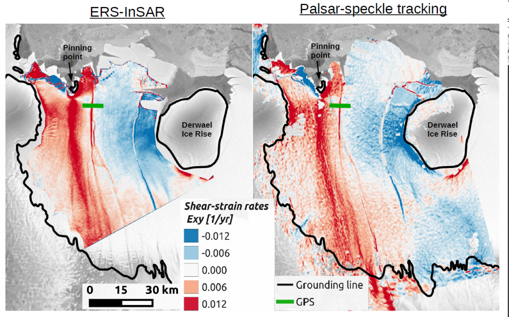 Horizontal shear strain rates as seen by ERS (left) and Alos-PalSAR (right). Image: S. Berger